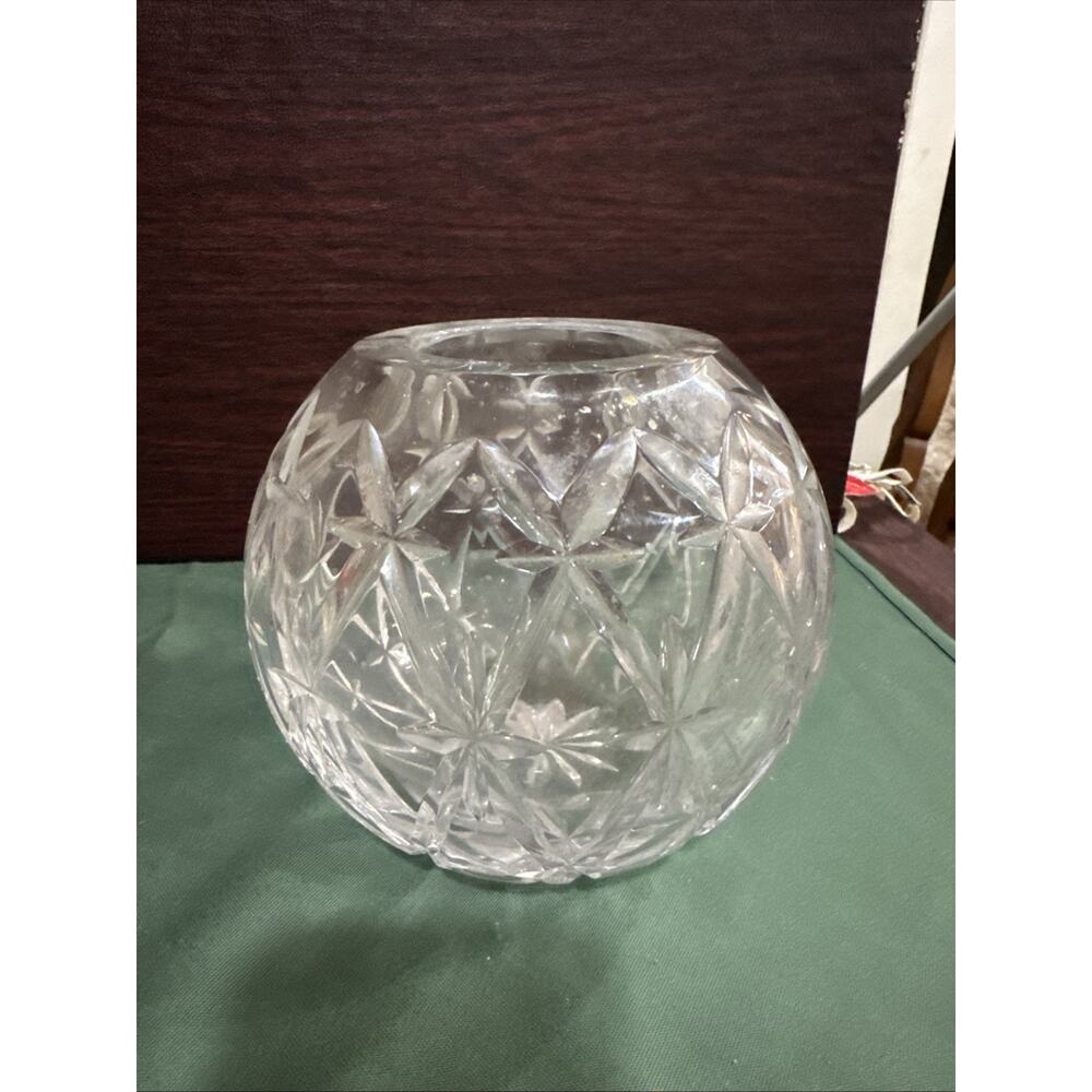 Vintage Bohemian Crystal Clear Cut Glass Round Centerpiece Bud Vase 6x6”